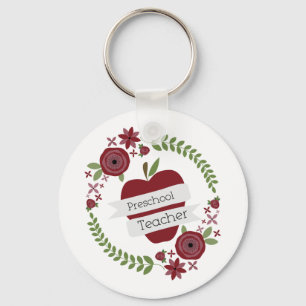 Preschool Teacher  Floral Wreath Red Apple Keychain