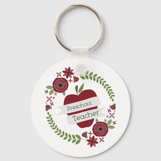 Preschool Teacher  Floral Wreath Red Apple Keychain (Front)