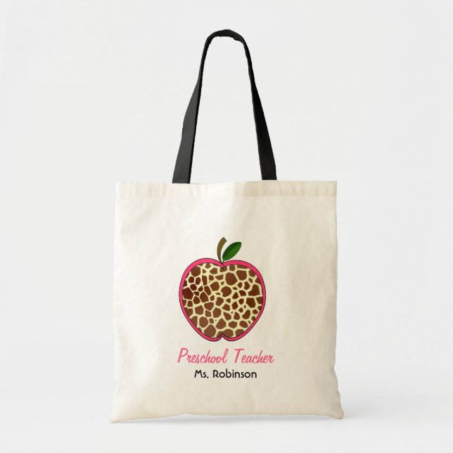 Preschool Teacher - Giraffe Print Apple Tote Bag (Front)