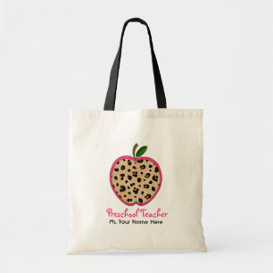 Preschool Teacher Leopard Print & Pink Apple Tote Bag