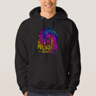 Preschool Teacher Leopard Tie Dye Rainbow Back To Hoodie