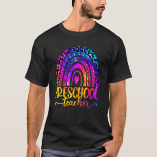 Preschool Teacher Leopard Tie Dye Rainbow Back To T-Shirt