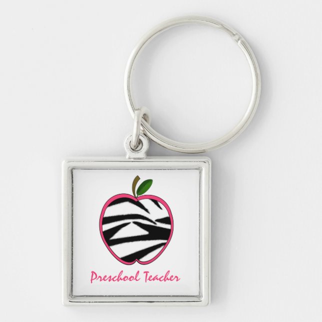 Preschool Teacher Zebra Print Apple Keychain (Front)