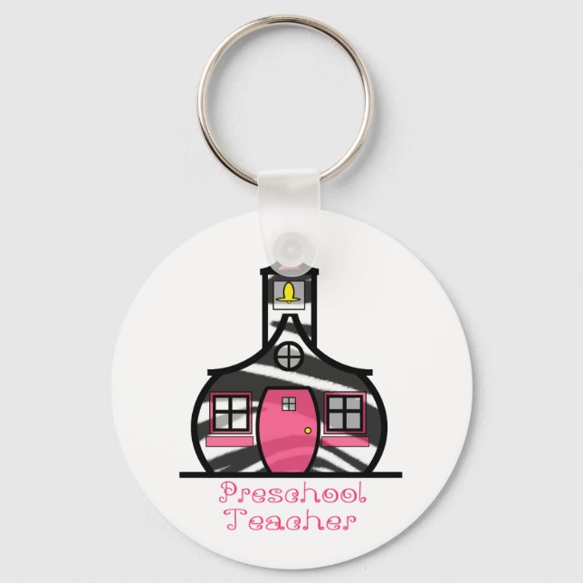 Preschool Teacher Zebra Print Schoolhouse Keychain (Front)