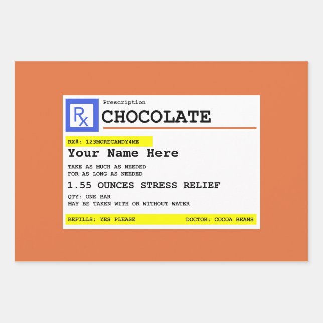 Prescription Chocolate Personalized  Wrapping Paper Sheet (Front)