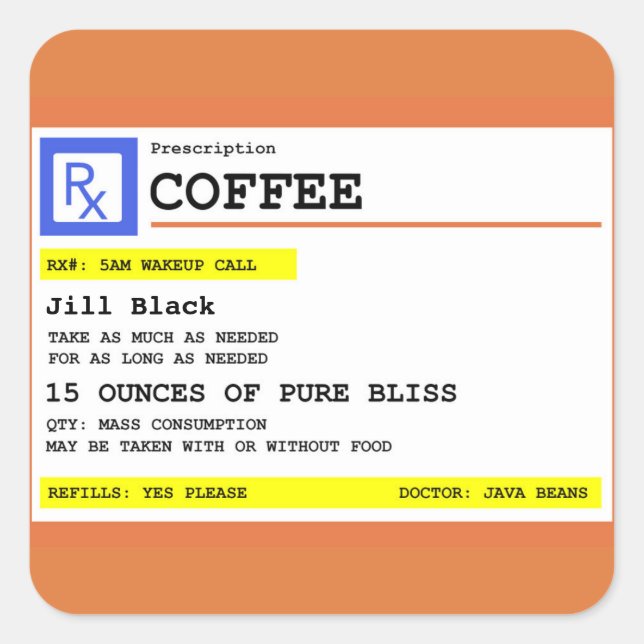 Prescription Coffee Square Personalized Sticker (Front)