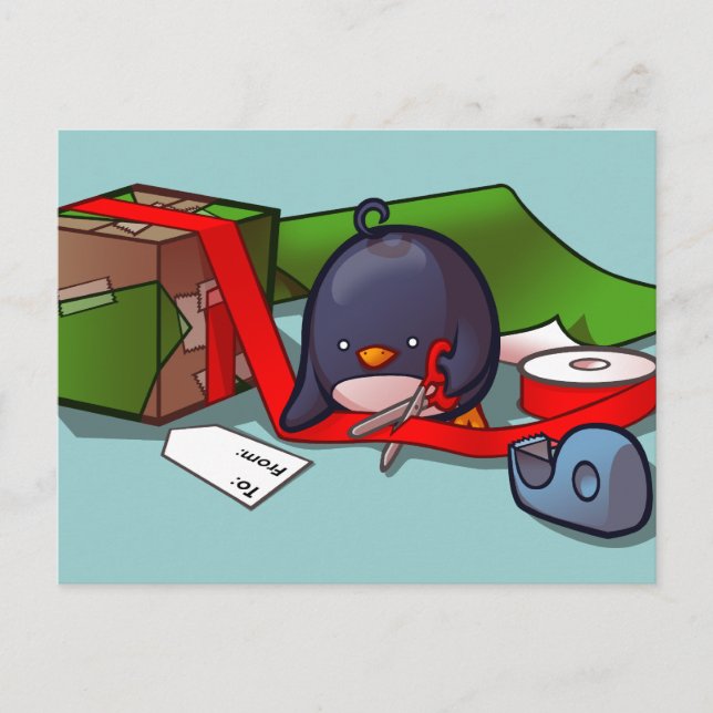 Present-Wrapping Penguin Postcard (Front)
