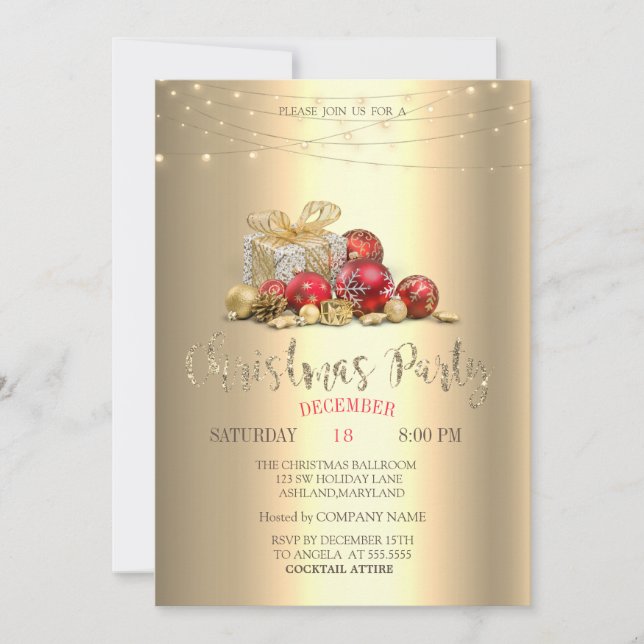 Presents,Balls,String Lights Gold Christmas  Invitation (Front)