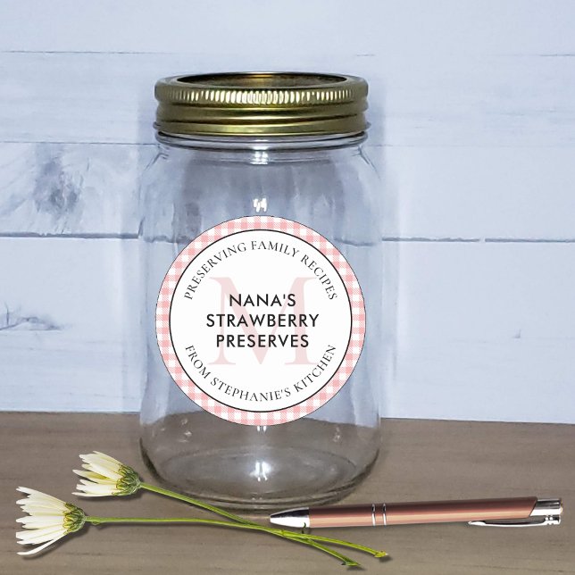 Preserving Family Recipes Red Gingham Monogram Classic Round Sticker (Red Checkered Gingham Preserving Family Recipes Monogram Canning Jar Label)