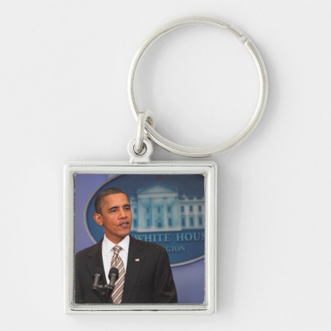 President Barack Obama makes an announcement Keychain (Front)