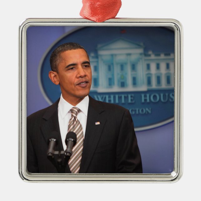 President Barack Obama makes an announcement Metal Ornament (Front)