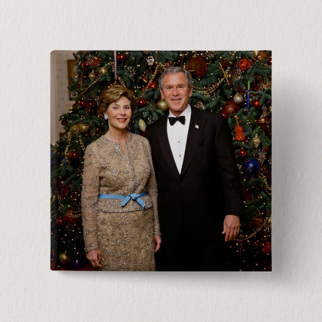 President George Bush, Laura Christmas White House 2 Inch Square Button (Front)