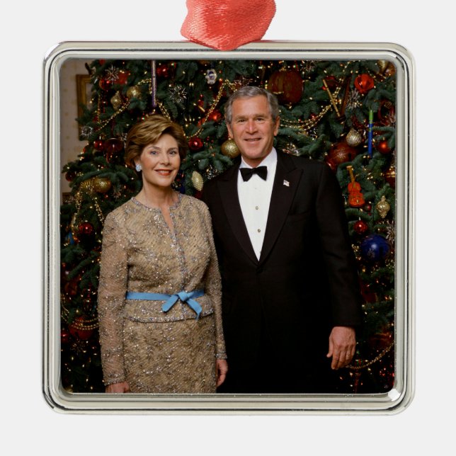 President George Bush, Laura Christmas White House Metal Ornament (Front)