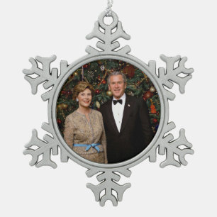 President George Bush, Laura Christmas White House Snowflake Pewter Christmas Ornament