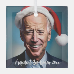 President Joe Biden and Santa Hat   Glass Ornament