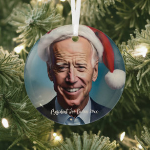 President Joe Biden and Santa Hat   Glass Ornament