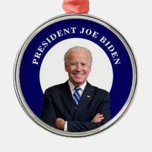 President Joe Biden Portrait on Blue Metal Ornament