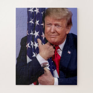 President Trump hugging the American Flag Jigsaw Puzzle