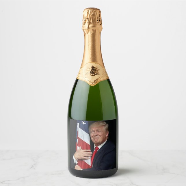 President Trump Hugging the American Flag Sparkling Wine Label (Front)