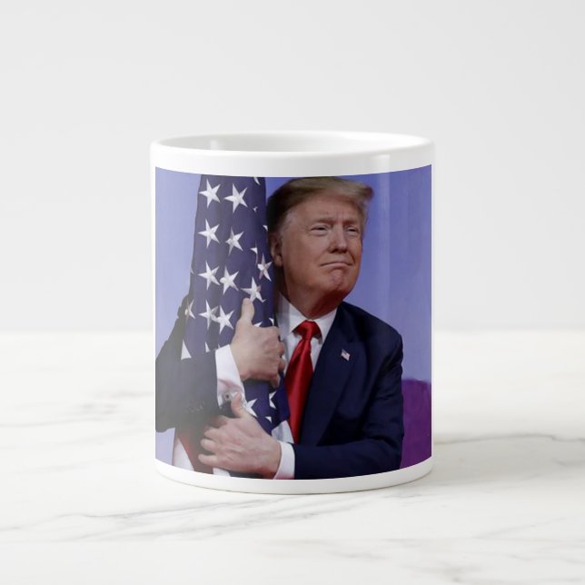 President Trump Hugs the American Flag Large Coffee Mug (Front)