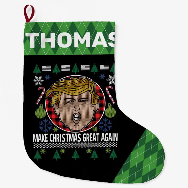 President Trump Make Christmas Great Again Plaid Large Christmas Stocking (Front)