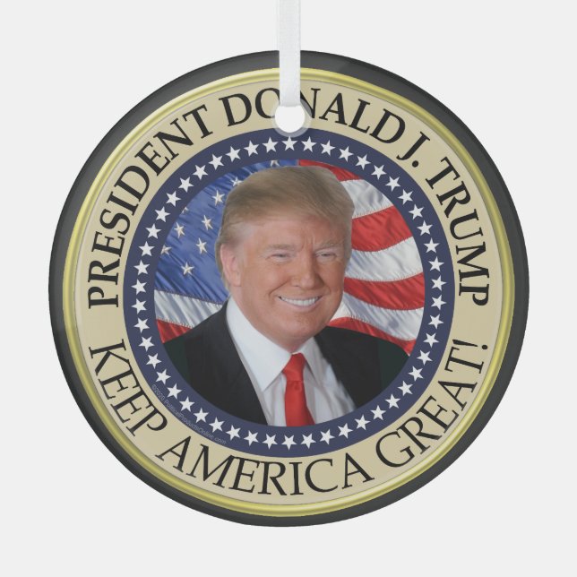 President Trump Photo Presidential Seal Glass Ornament (Front)