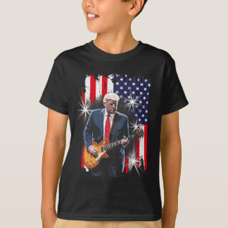 President Trump Playing Guitar With Us Flag Ckgrou T-Shirt
