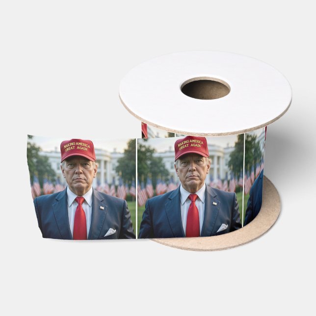 President Trump With a Red MAGA Hat Satin Ribbon (Spool)