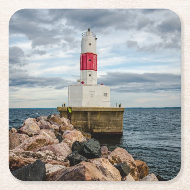 Presque Isle Harbour Breakwater Lighthouse Square Paper Coaster (Front)