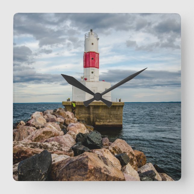 Presque Isle Harbour Breakwater Lighthouse Square Wall Clock (Front)