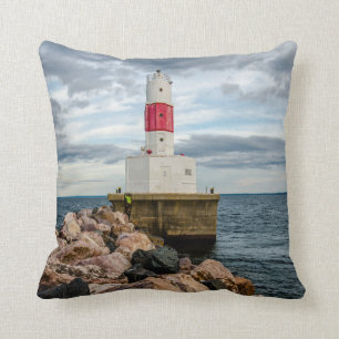 Presque Isle Harbour Breakwater Lighthouse Throw Pillow