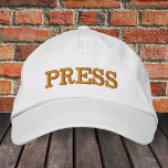 PRESS embroidered baseball cap gold / white hat<br><div class="desc">Embroidered Hats: Classic golden / white fashion baseball cap with text "PRESS" for media,  reporter,  journalist,  photographers,  news cover as well as dress up party,  college newspaper,  secret Santa / night out</div>