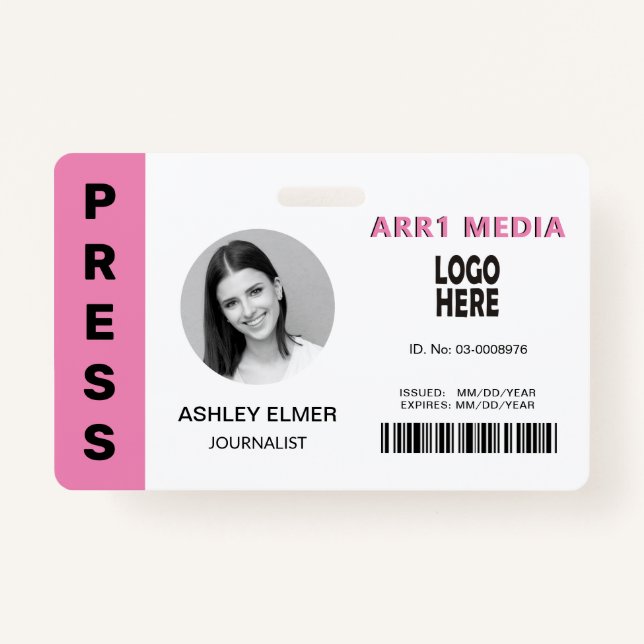 Press employee ID pink photo template Badge (Front)