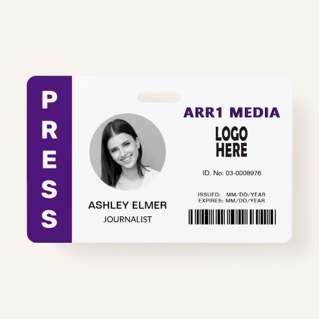 Press employee ID purple photo template Badge (Front)