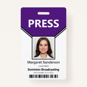 Press Pass Photo and Bar Code Purple ID Badge