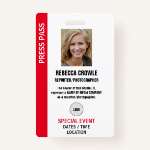 PRESS PASS Photo I.D. Badge