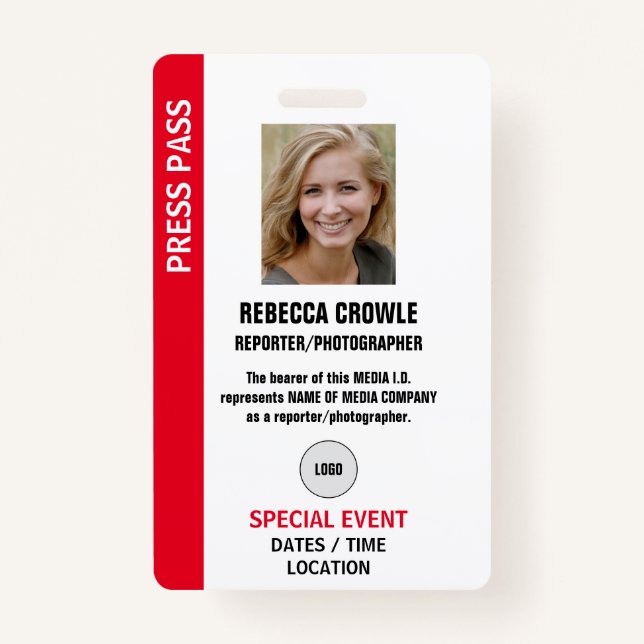 PRESS PASS Photo I.D. Badge (Front)
