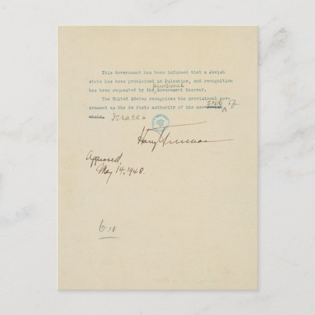 Press Release Announcing US Recognition of Israel Postcard (Front)