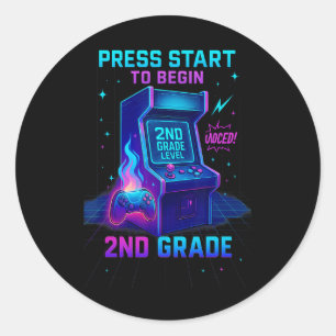 Press Start 2nd Grade Gamer Kids Level Up Fun Classic Round Sticker