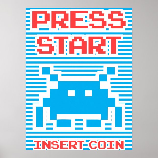 Press Start, Insert Coin, Arcade Game, blue stripe Poster (Front)