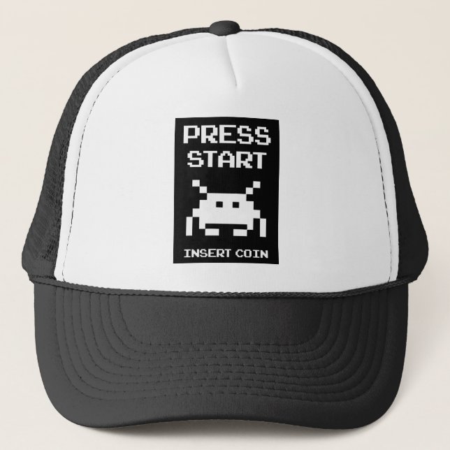 Press Start Insert Coin gamer design Trucker Hat (Front)
