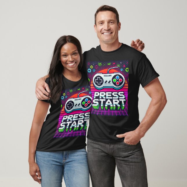 Press Start Retro Gaming T-Shirt – Neon 80s  (Unisex)