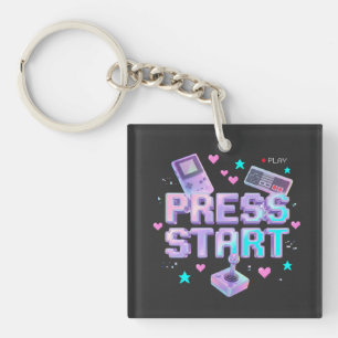 Press Start Y2K Retro Gaming Arcade Chrome 90s Gam Keychain