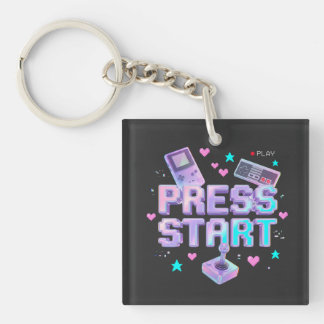 Press Start Y2K Retro Gaming Arcade Chrome 90s Gam Keychain
