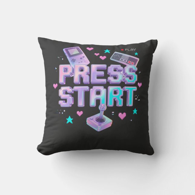 Press Start Y2K Retro Gaming Arcade Chrome 90s Gam Throw Pillow (Front)