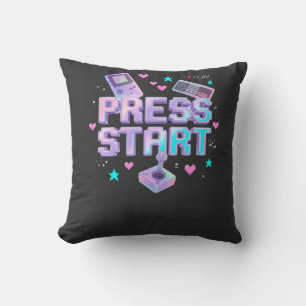 Press Start Y2K Retro Gaming Arcade Chrome 90s Gam Throw Pillow