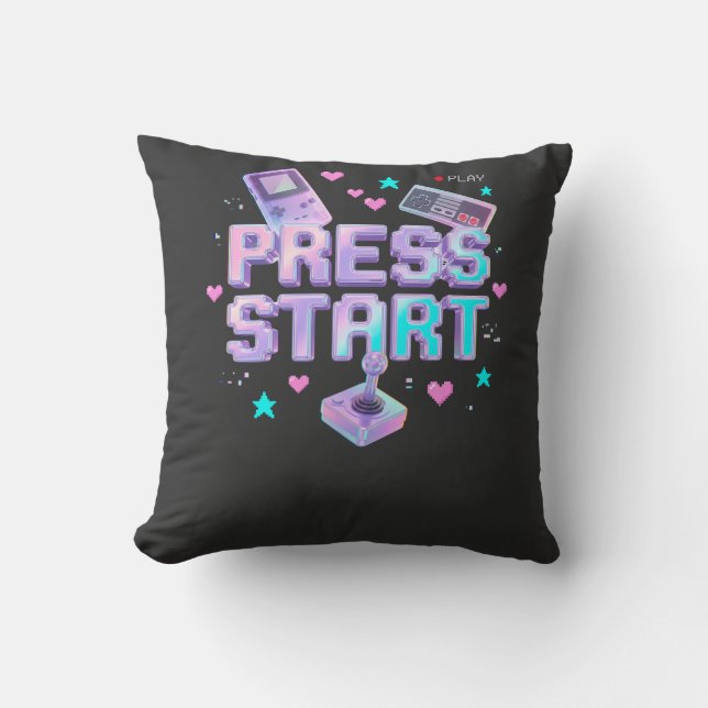 Press Start Y2K Retro Gaming Arcade Chrome 90s Gam Throw Pillow (Front)