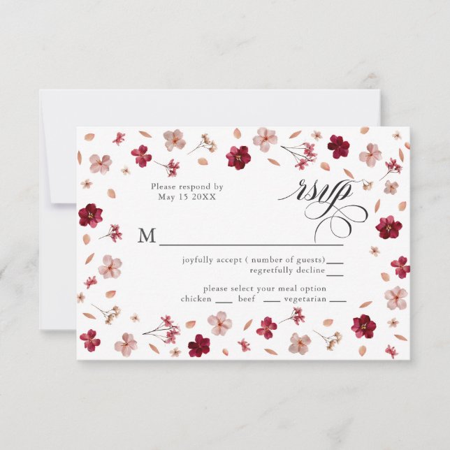 Pressé rose rouge et crème, carte de réponse flora (Devant)
