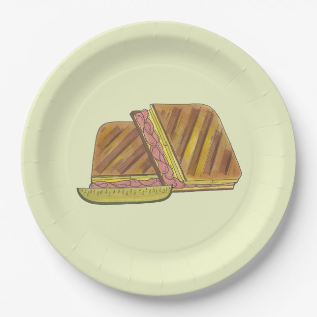 Pressed Cuban Sandwich Ham Cheese Salami PIckle Paper Plate (Front)