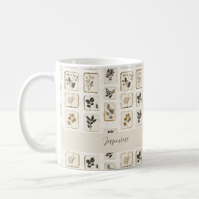 Pressed Flower Collage Name Botanical Farmhouse Coffee Mug (Left)